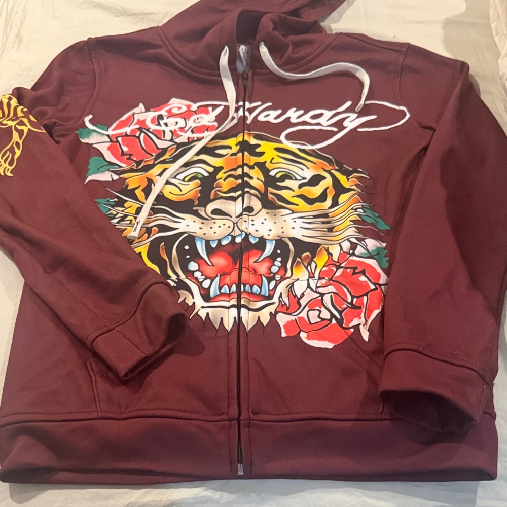 Y2K Ed Hardy Burgundy Hoodie with Tiger and Rose Design